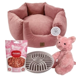 Et luksus hvalpe sæt med bamse, slikkeplade, hundekurv og godbidder. I søde lyserøde farver.