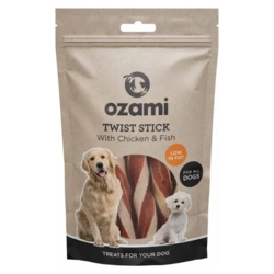 Lækre tyggepinde til hunde fra Ozami. Med lækker smag af kylling og fisk. Med lavt fedtindhold.