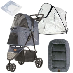 Et lækkert sæt med Ollipet Venezia hundeklapvogn i flot blå farve med regnslag, hjulfedt og madras.