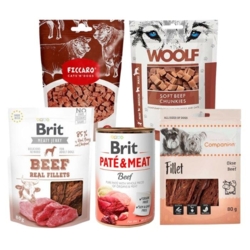 5 forskellige lækre godbidder med smag af okse fra Companion, Woolf, Ficcaro og Brit.