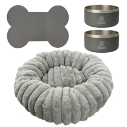 Lækkert sæt med 2 hundeskåle, et spiseunderlag og en hundeseng i matchende grå nuancer