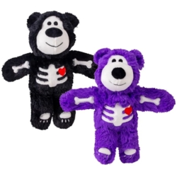 Kong Halloween Wildknots Skeleton Bear hundelegetøj i sort og lilla – sjov bamse med skeletdesign og piv