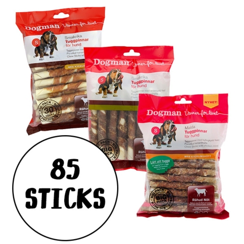 Pakketilbud | 3 poser Dogman tyggestænger - i alt 85 stk 