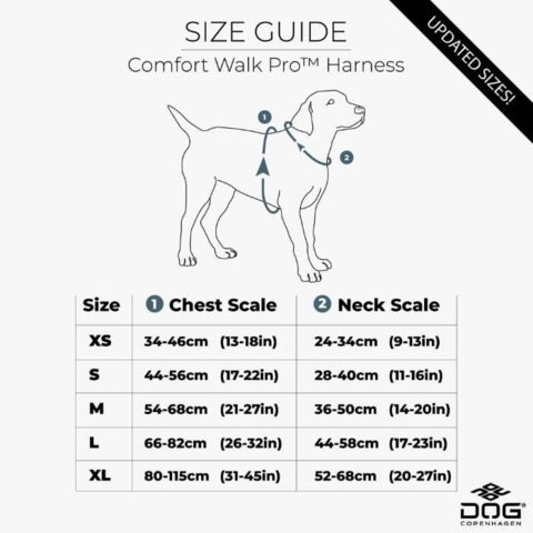 Størrelsesguide til DOG Copenhagen Comfort Walk Pro hundesele.