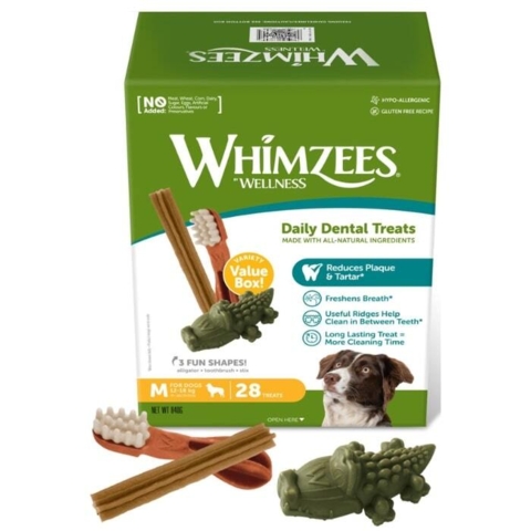 Whimzees Boks | Medium er fyldt med tandrensende tyggeben til hunde