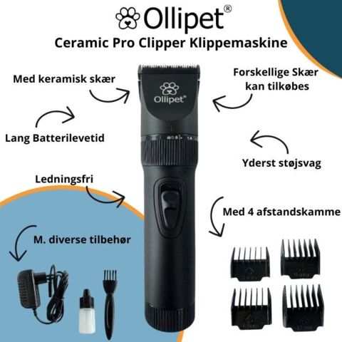 Ollipet Ceramic Pro Clipper | Indhold. En hundetrimmer med 4 afstandskamme og et regulerbart klippeskær