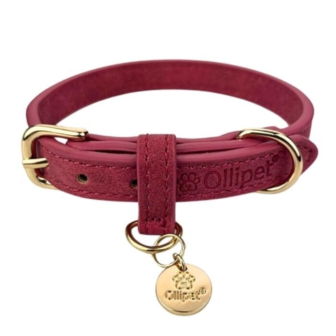 Lækre hundehalsbånd i læderlook. Her ses den feminine farve støvet hindbær
