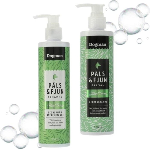 Lækker hundeshampoo og -balsam fra Dogman bidrager til en smuk og velplejet pels.
