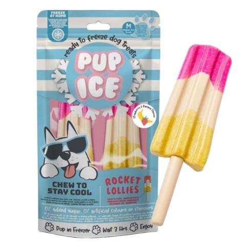 Pup Ice Raket Is – Jordbær & Banan, en funktionel og sund hundegodbid i frossen form. Perfekt som sommergodbid til voksne hunde