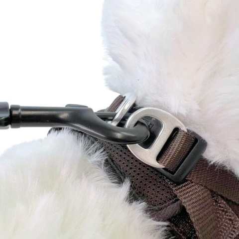 Step-in sele til hunde med D-ringe som snores sættes fast i.