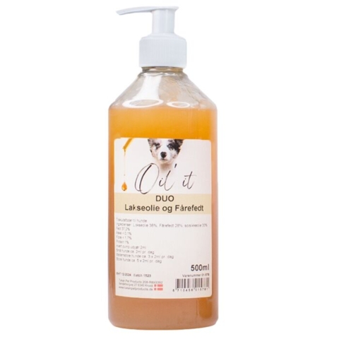 Oil’it DUO – sund lakseolie og fårefedt til din hunds foder. Bidrager til flot pels, sund hud og stærkt immunforsvar