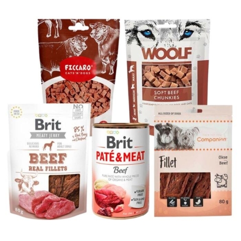 5 forskellige lækre godbidder med smag af okse fra Companion, Woolf, Ficcaro og Brit.