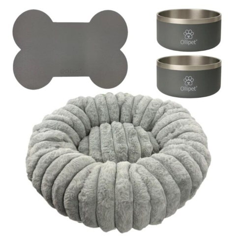 Lækkert sæt med 2 hundeskåle, et spiseunderlag og en hundeseng i matchende grå nuancer