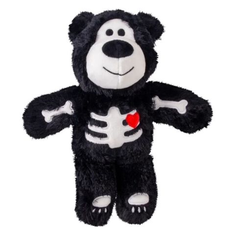 Sort Halloween bamse fra KONG med skeletbroderi, rødt hjerte og blød plysoverflade