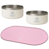 Flot mad- og vandskål i hvid/beige med et elegant lyserødt spiseunderlag